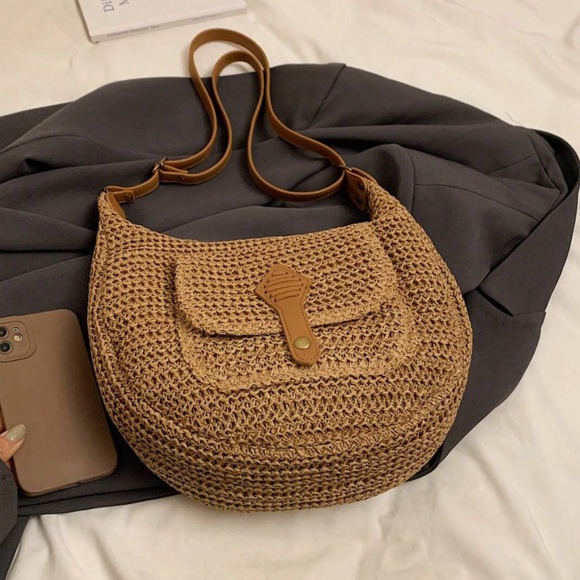 Boho Straw Lightweight High Capacity Pocket Shoulder Crossbody Bag - Picture 6 of 8